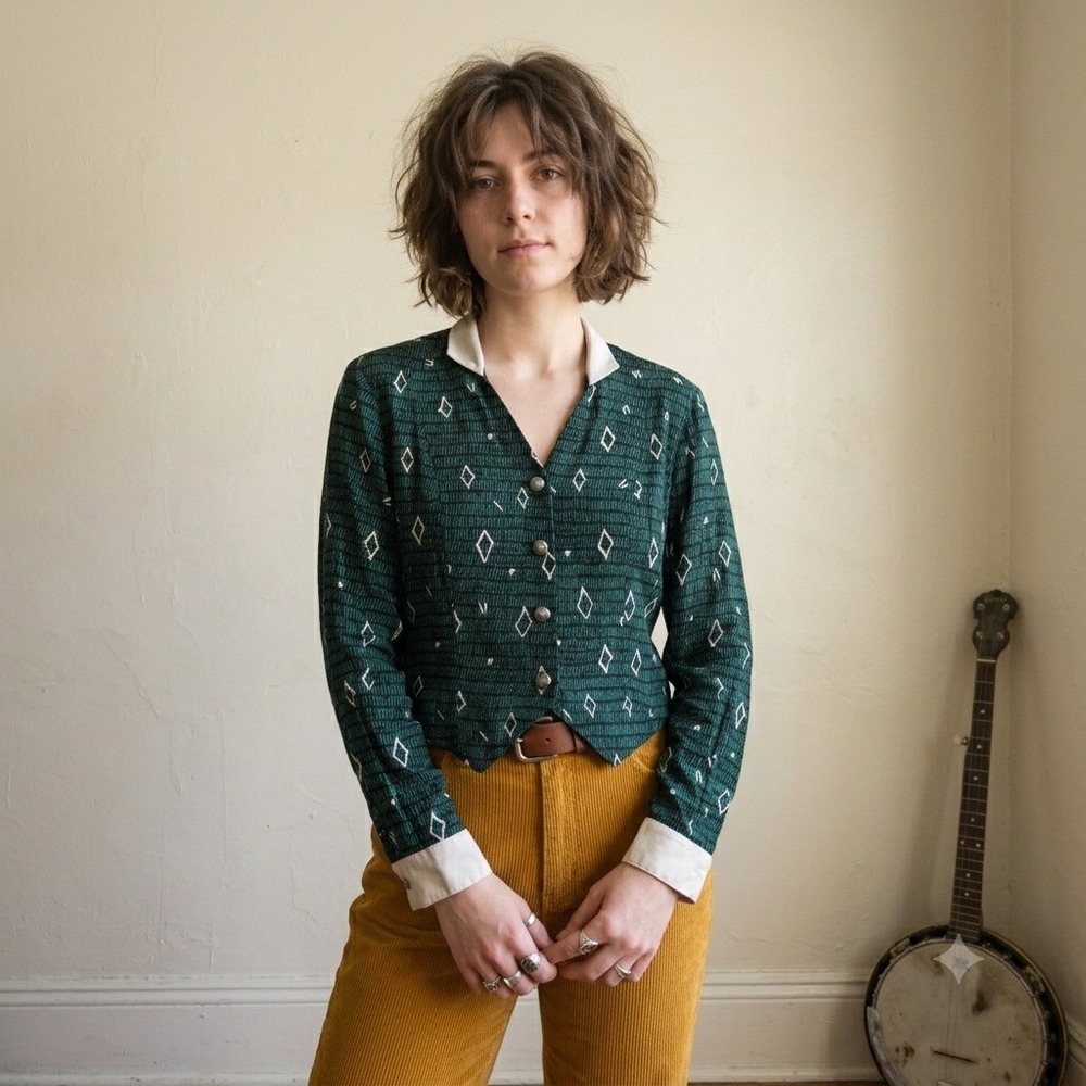 Vintage 90s Banjo Womens Top XL Green Geometric Rayon Contrast Collar Retro